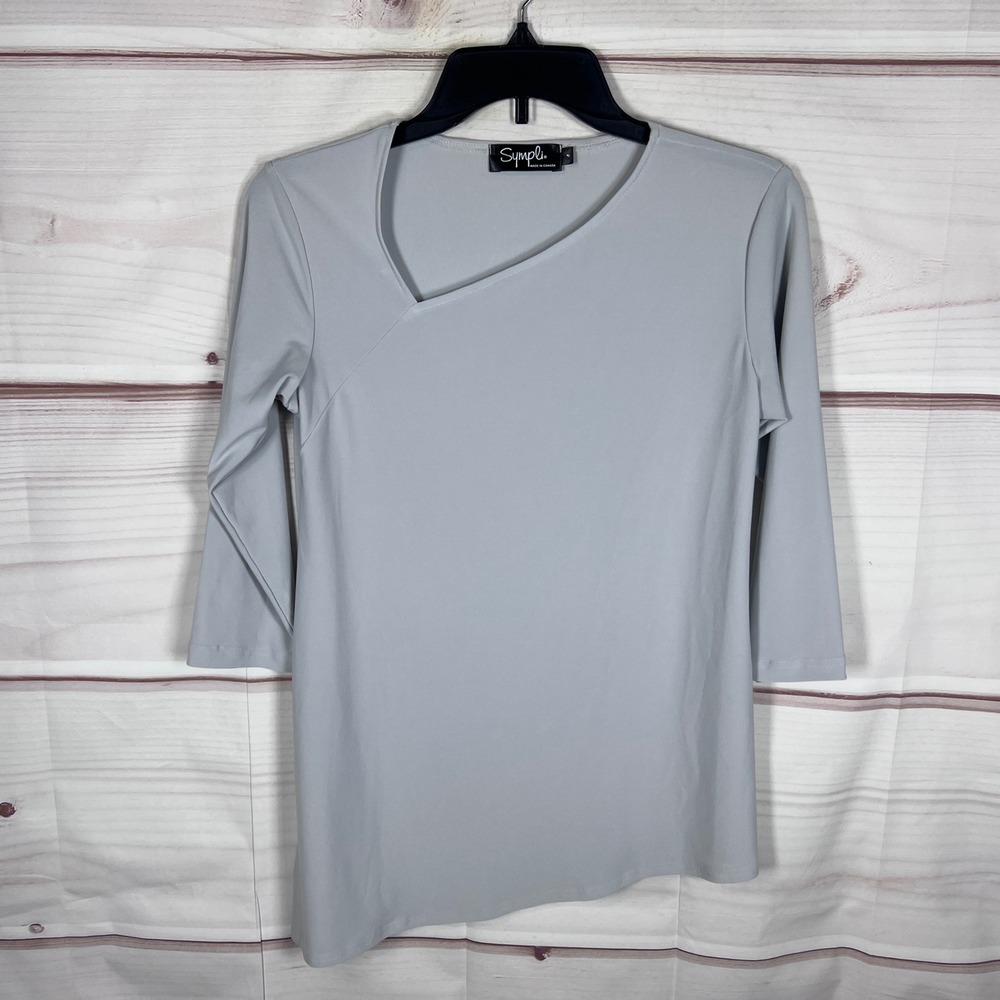 Sympli Top Women 4 Gray Asymmetric Neck 3/4 Sleeve Jersey Tunic Blouse Solid
